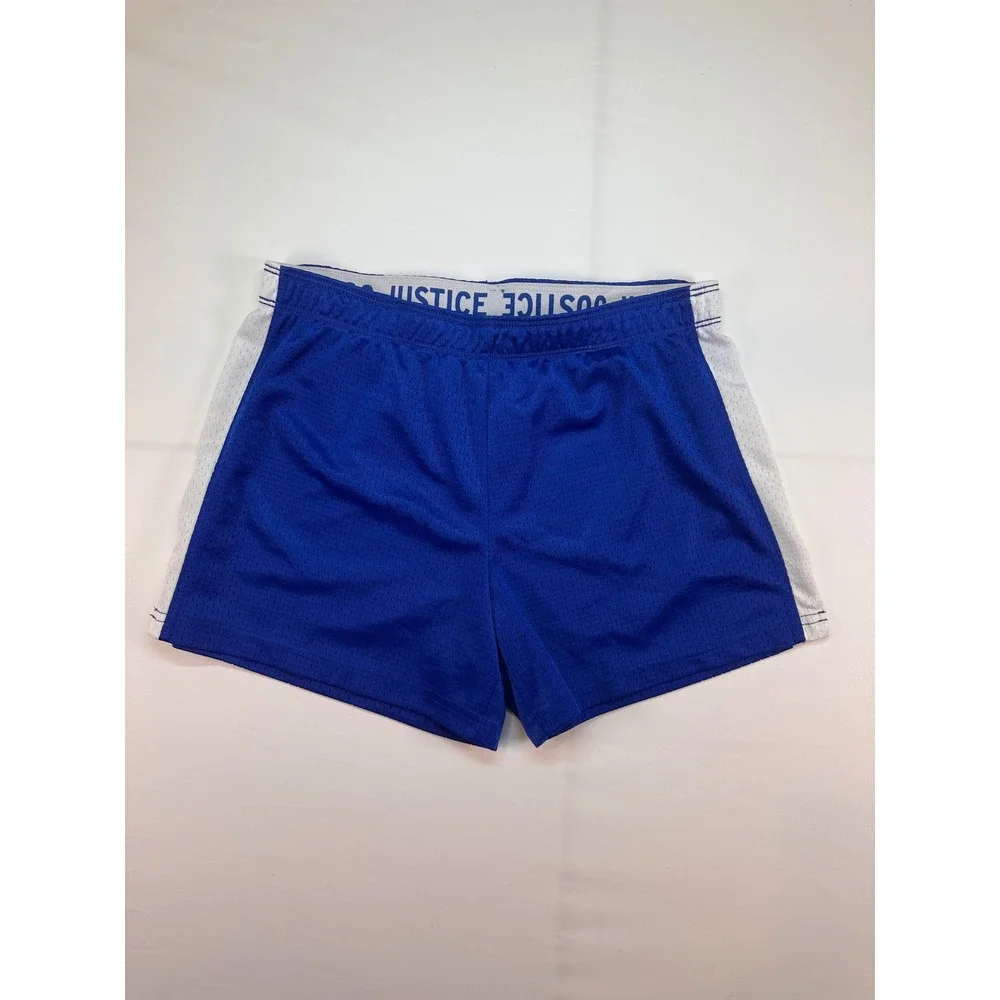 Justice Girls Blue Mesh Athletic Shorts White Side Stripe Logo Waistband Size 14